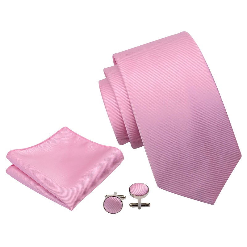 GUSLESON Brand Men's Tie Sets Solid Ties for Men Silk Light Pink Neckties and Pocket Square Cufflinks (0789-17) - Image 2